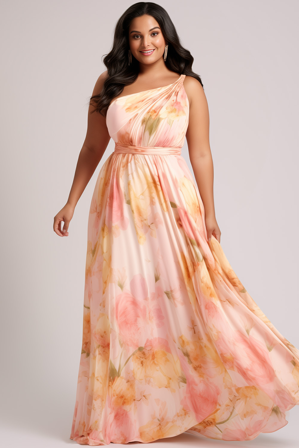 Flycurvy Plus Size Wedding Guest Pink Chiffon Floral Print One Shoulder Maxi Dress 2024 - Flycurvy 