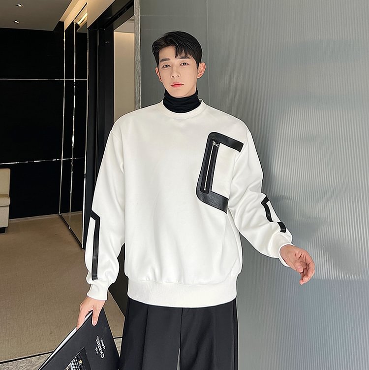 Dawfashion-Contrast Color and Leather Zipper Large Pocket Pullover Sweater-Yamamoto Diablo Clothing