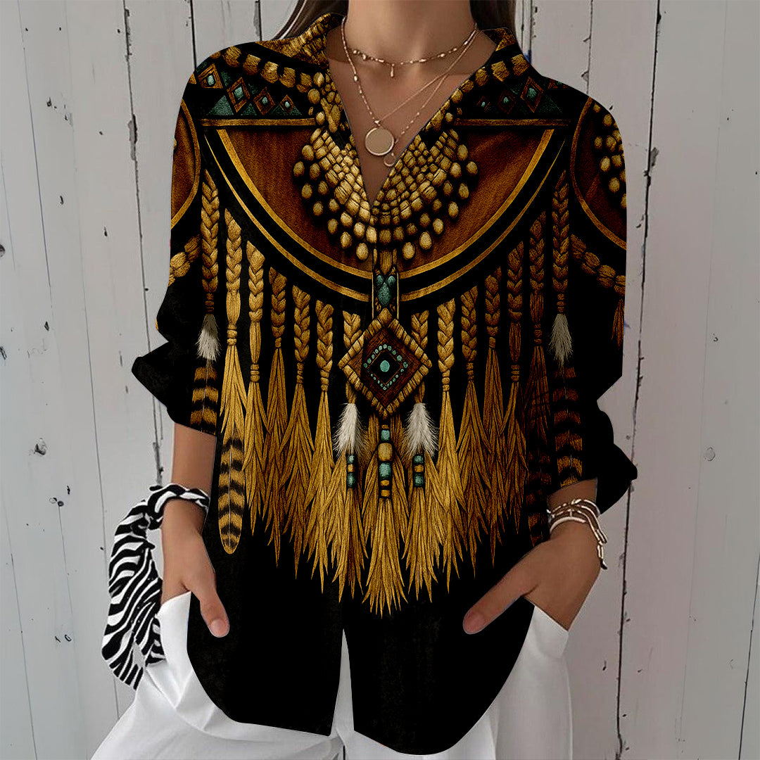 Women Long Sleeve V-neck Graphic Floral Printed Top
