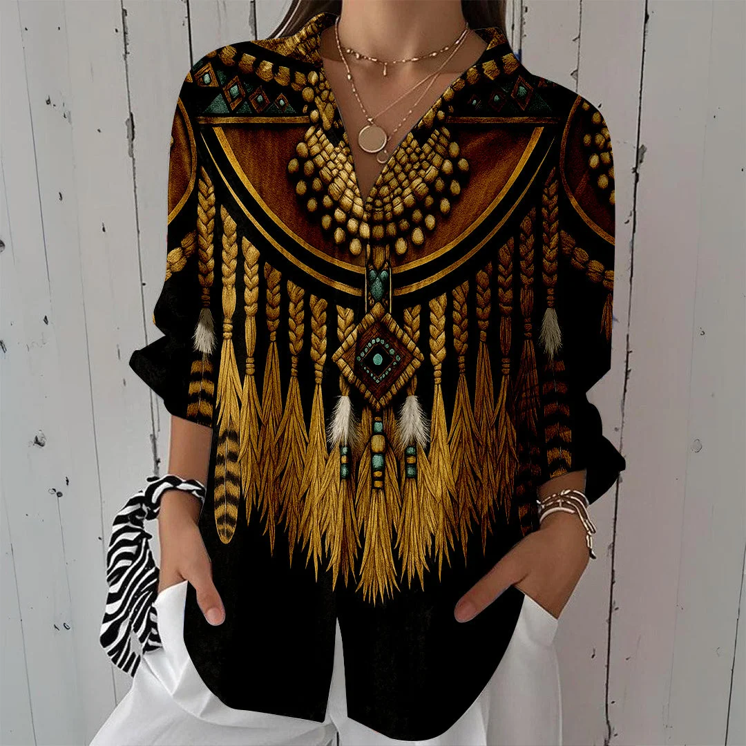 Style & Comfort for Mature Women Women Western Milk, Black, Gold DZCL0378 3/4 Sleeve Shirt Collar Printed Button Tops