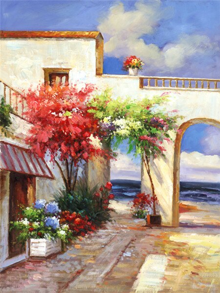 cotton no frame Mediterranean white house flowers canvas printings oil painting printed on cotton wall art decoration pictures