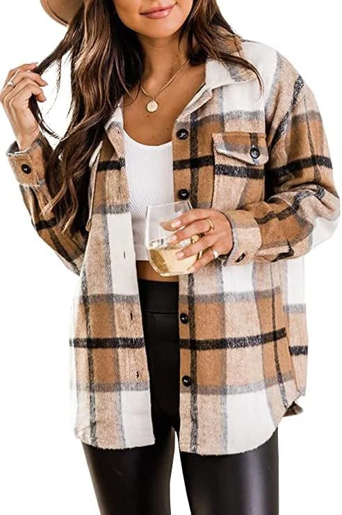 ✨Womens Casual Plaid Shacket Button Down Long Sleeve Shirt