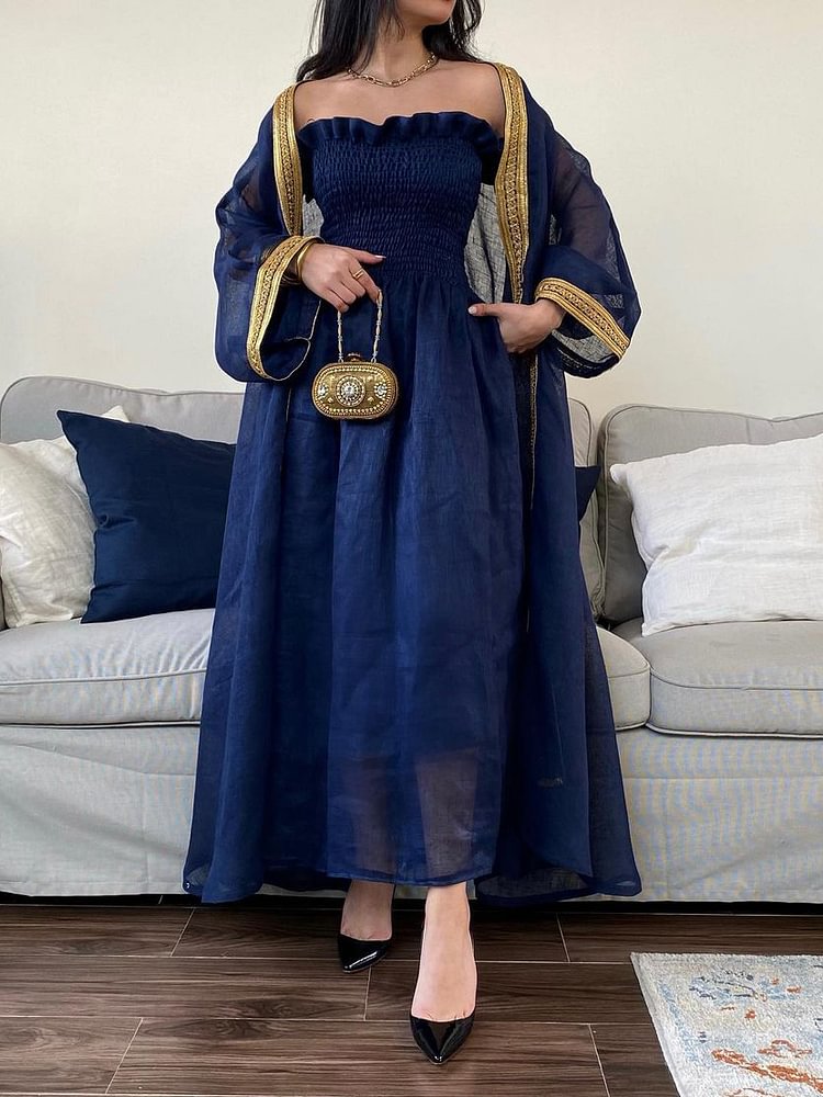 Navy blue embroidery cardigan x stretch linen dress two piece فساتين