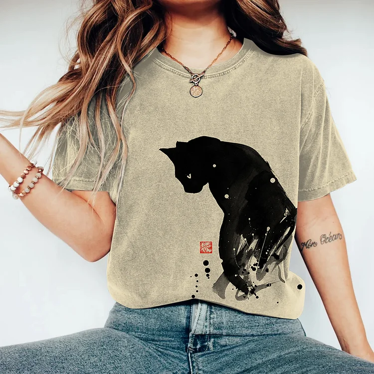Comstylish Ink Cat Japanese Art Vintage T Shirt