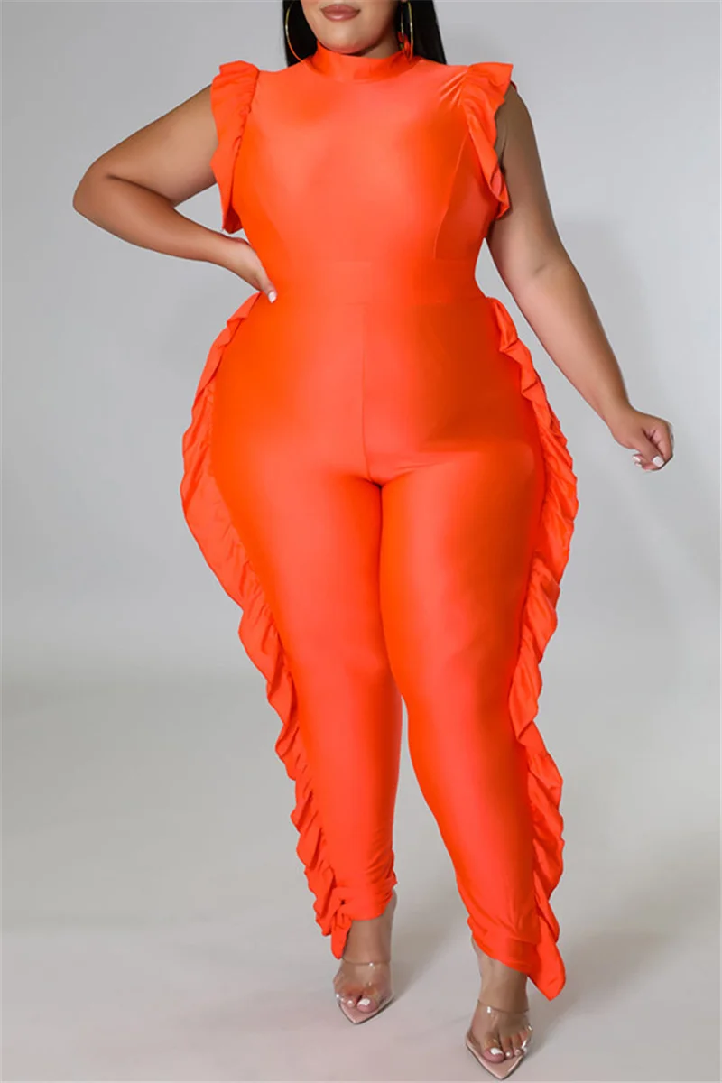 Orange Fashion Casual Solid Patchwork Turtleneck Plus Size Jumpsuits | EGEMISS