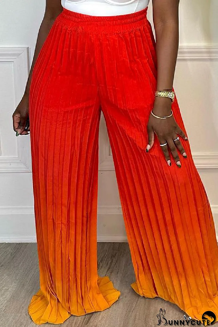 Orange Red Casual Gradual Change Print Pleated Regular High Waist Conventional Positioning Print Bottoms