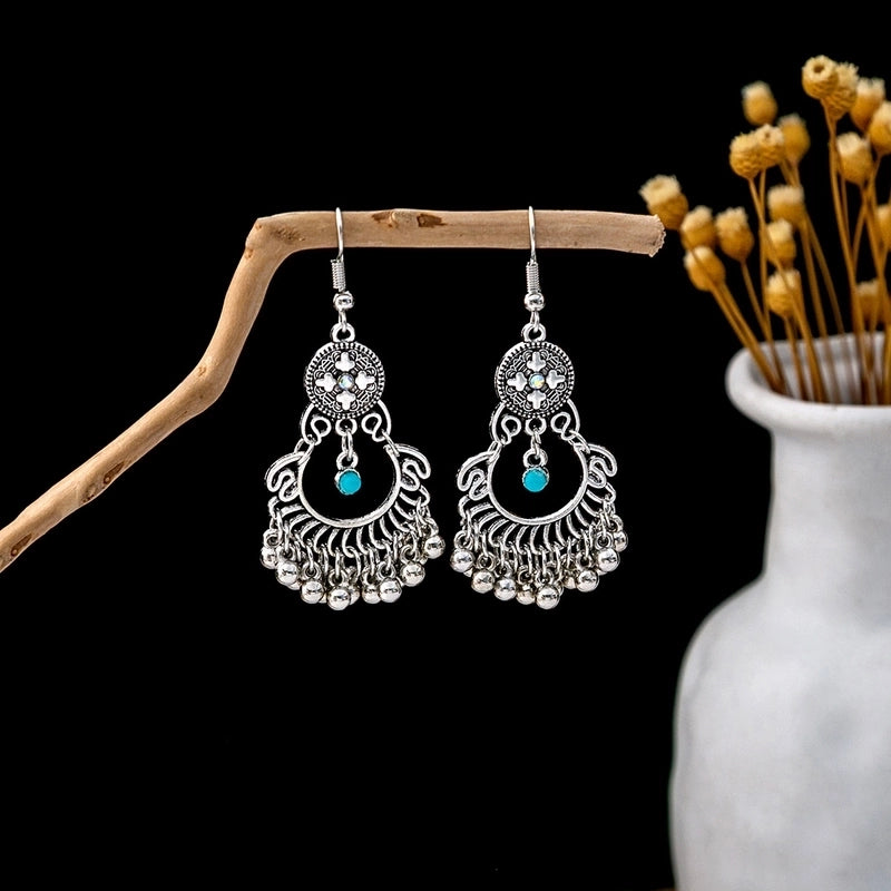 Bohemian Blue Turquoise National Style Earrings Imitation Miao Silver Metal Earrings Vintage Tassel Earrings
