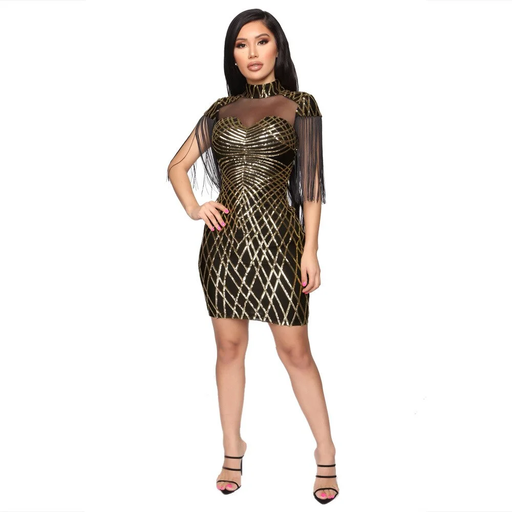 Women New Sequins Tassel Sleeve Side Cutout Stand Neck Sexy Midi Mini Dress Bodycon Bandage Club Party Dresses Vestidos CY8033