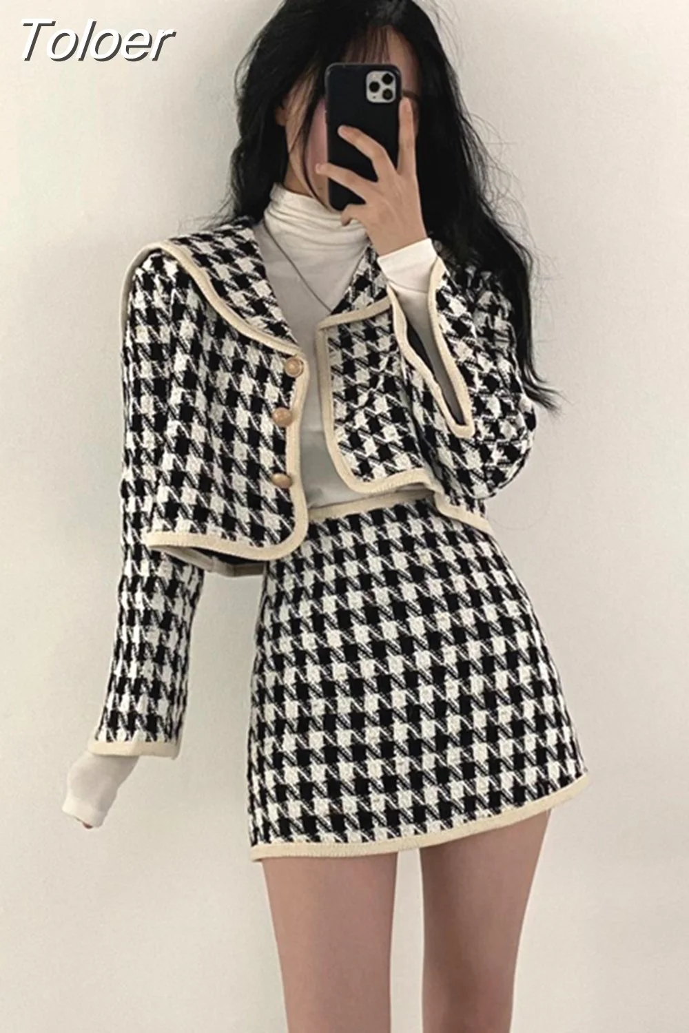 Toloer Temperament Skirt Outfits Chic Plaid Two Piece Set Women Sailor Collar Cropped Coapt Bodycon Mini Skirts Suit Office Lady Sets