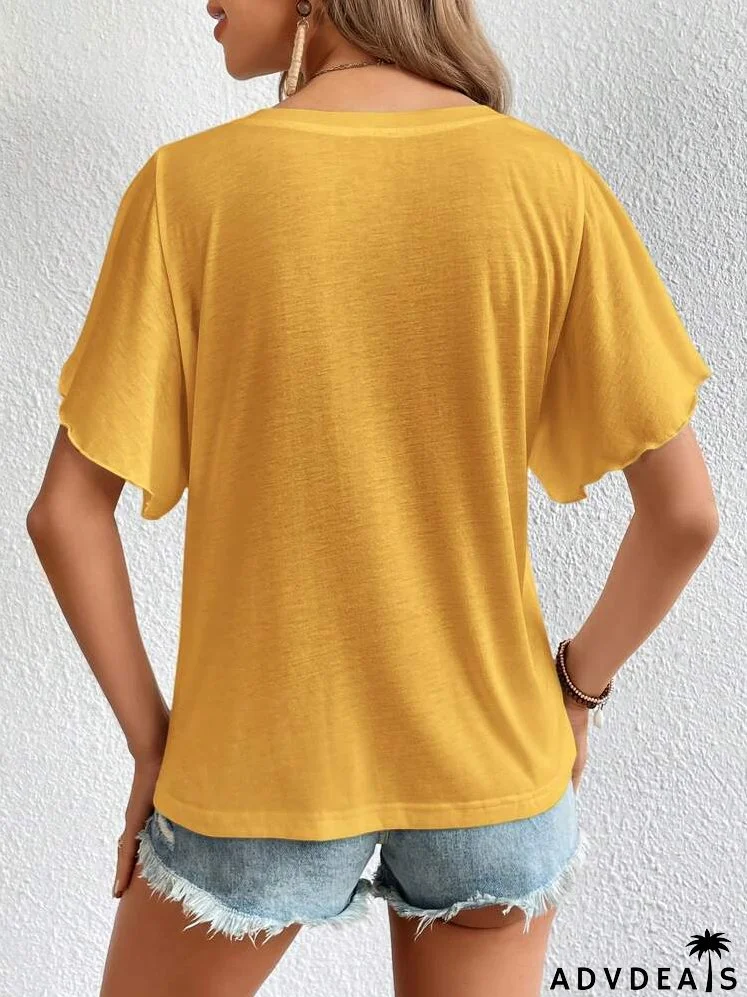 Solid V Neck Butterfly Sleeve Tee