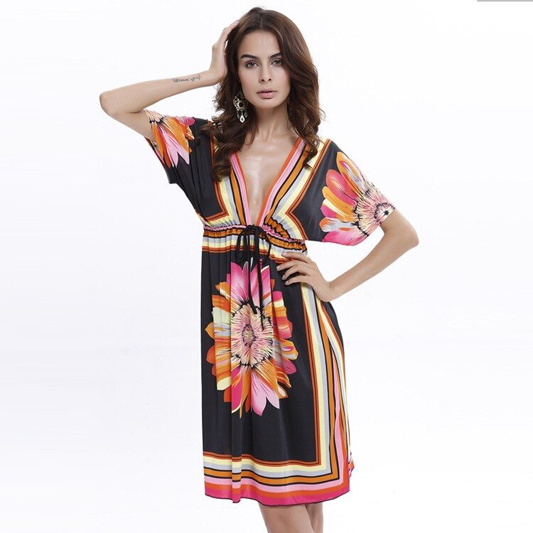 2020 Summer Women Sundresses Sexy Boho Style Dress Deep V Ethnic Floral Print Tunic Beach Dresses Plus Size Casual Silk Dresses
