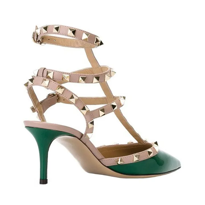 65mm Women's Low Heels Rivets Green Sandals-vocosishoes