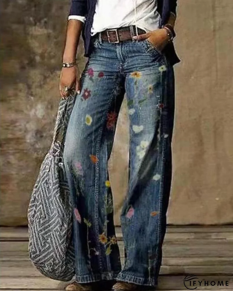 Floral Women's High Waist Straight Leg Wide Fashion Loose Jeans | IFYHOME