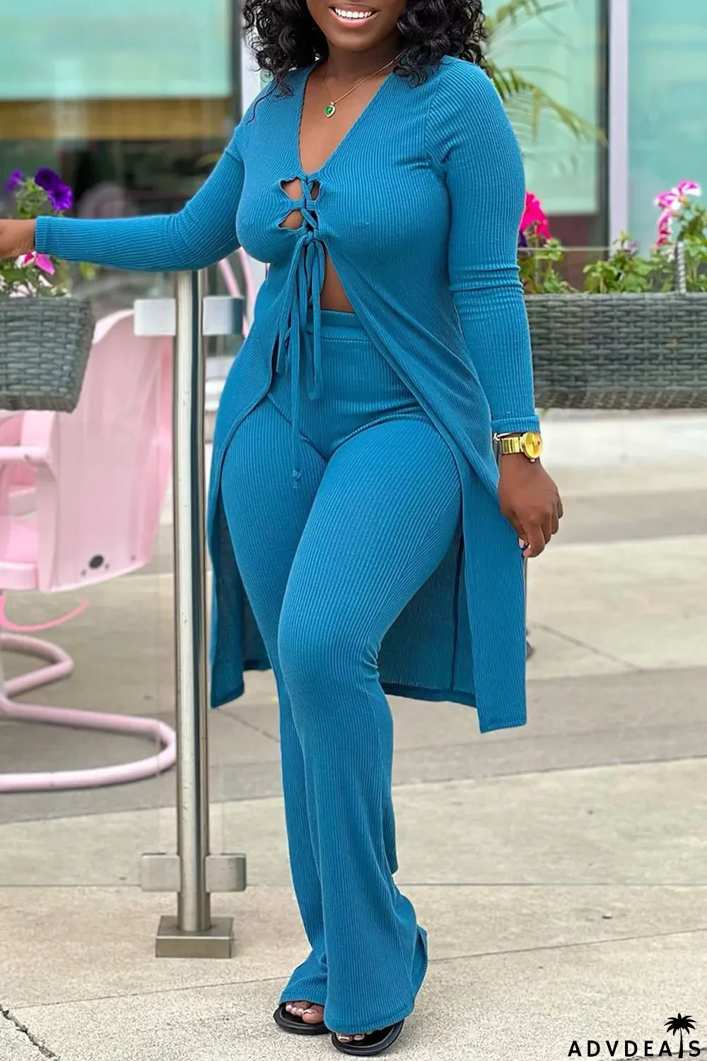 Black Sexy Solid Bandage Patchwork V Neck Long Sleeve Two Pieces