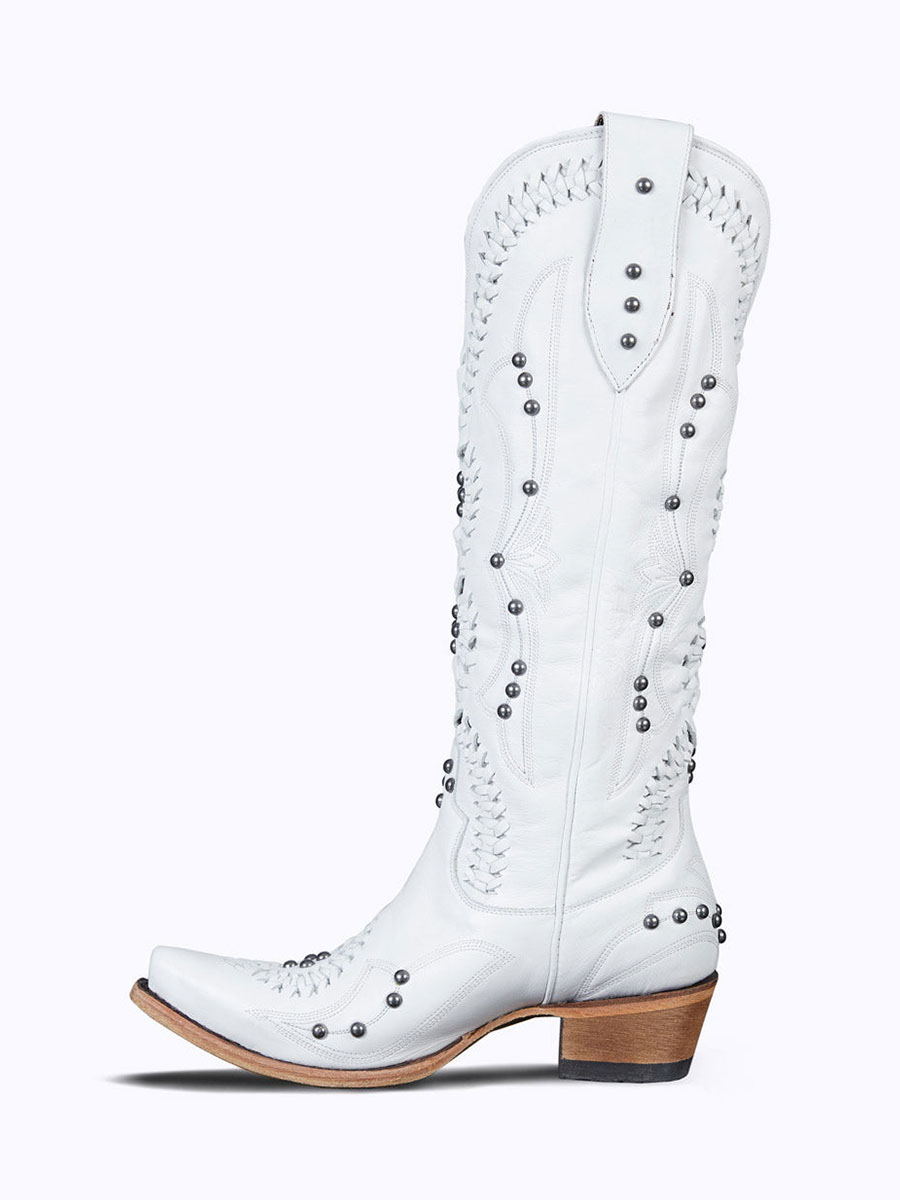 White Braided Studded Snip Toe Chunky Heel Cowboy Boots for Women