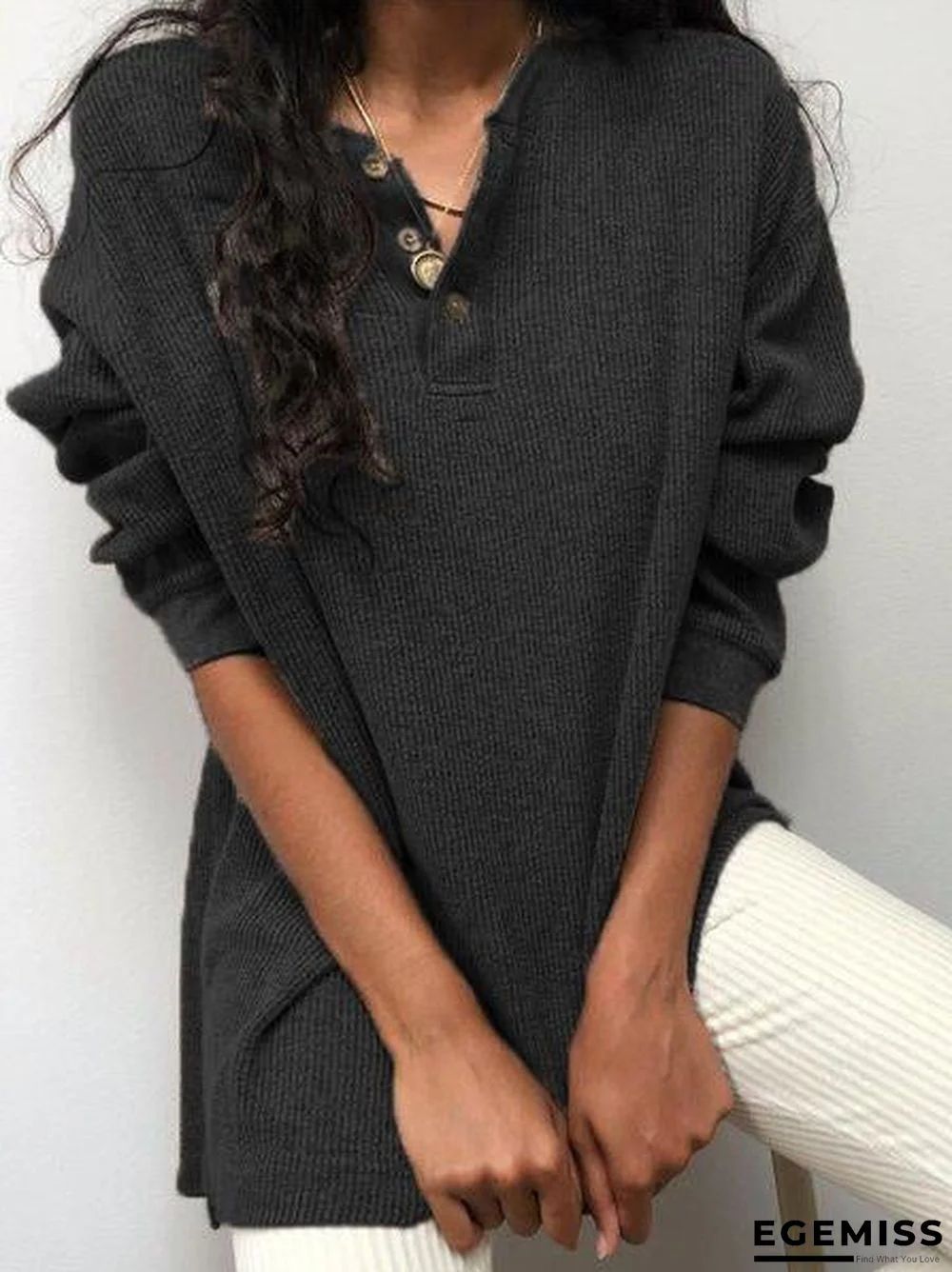 Casual Plain V Neck Shirts & Tops | EGEMISS