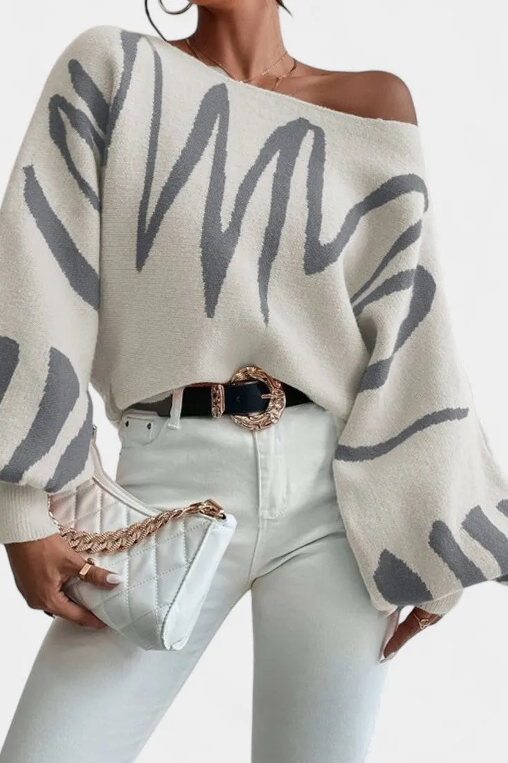 Abstract Stripe Off-Shoulder Oversized Sweater
