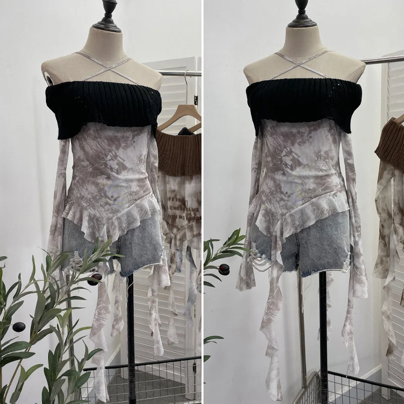 Churchf Real Shot Shoulder Cross Hanging Neck Knitting Mesh Yarn Coat Irregular Ribbon Horn Long-Sleeved T-Shirt 1101