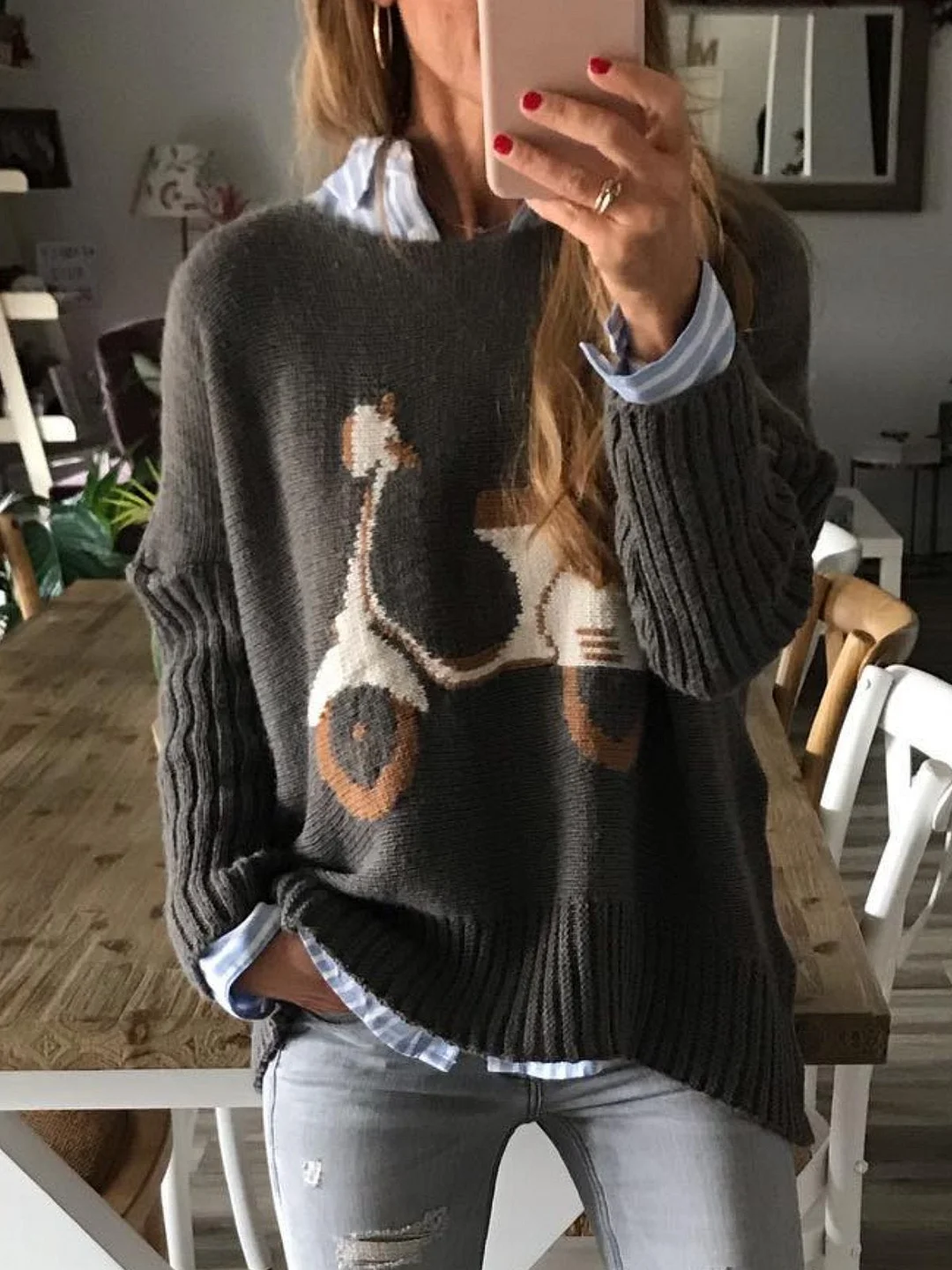 Black Printed/dyed Casual Knitted Shirts & Tops | EGEMISS