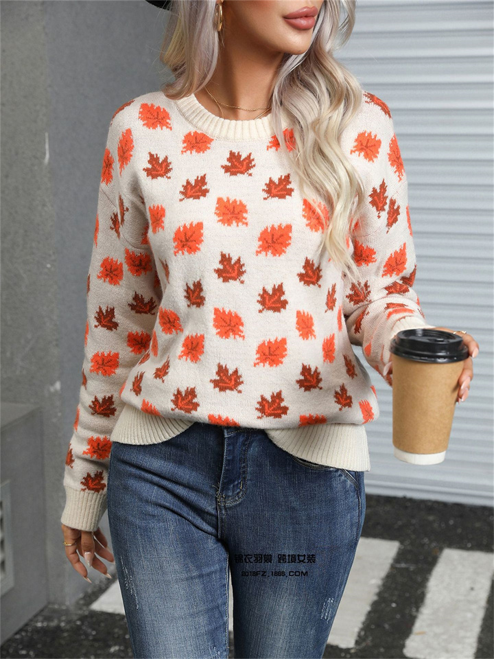 Women's Winter New Maple Christmas Round Neck Sweater Knit Sweater