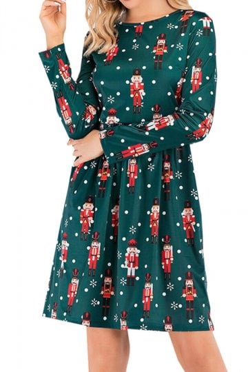 Crew Neck Nutcracker Print Christmas Dress Green-elleschic