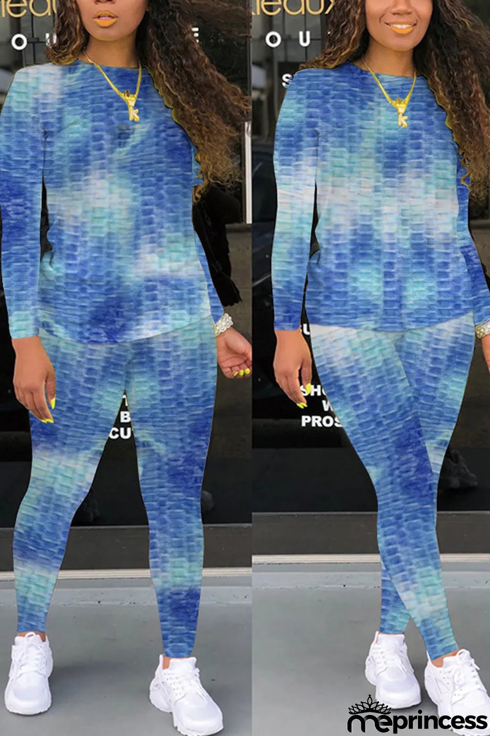 Pink Casual Gradual Change Print Tie Dye Split Joint O Neck Long Sleeve Two Pieces