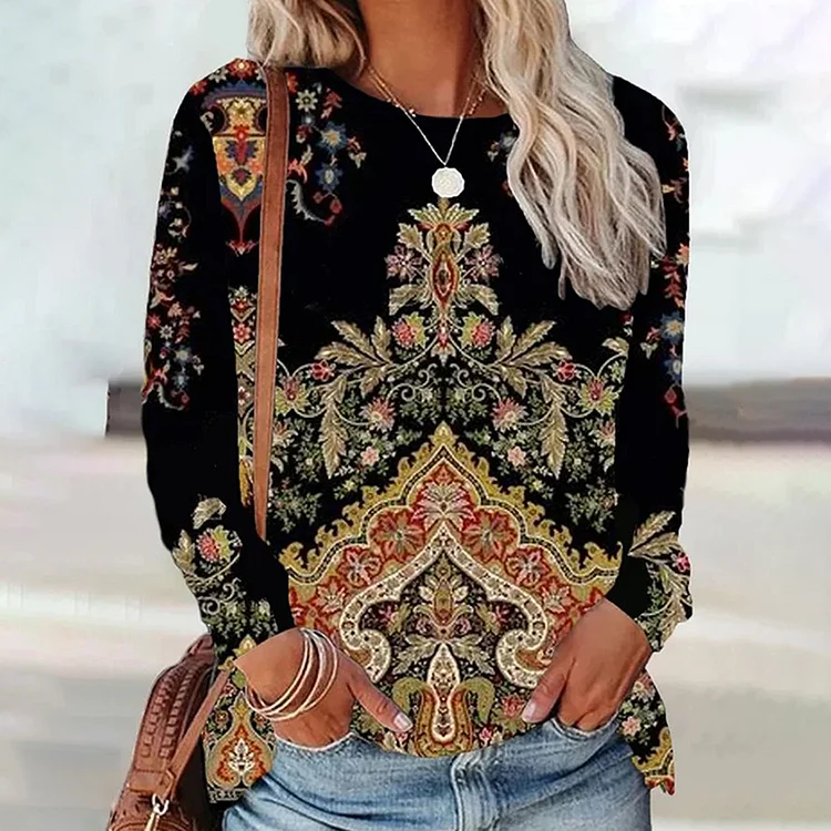 Wearshes Women's Ethnic Print Long Sleeve T-Shirt