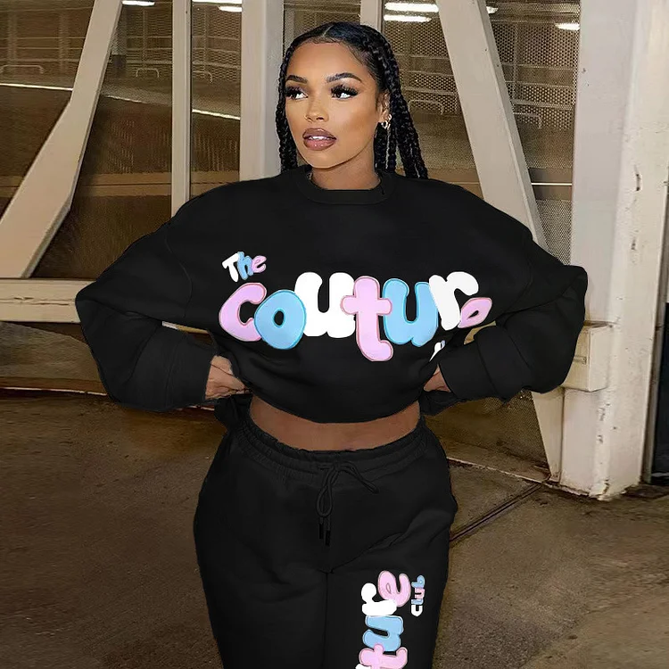 PASUXI Women's Sportswear Set Letter Print Two-Piece Sportswear Set Long-Sleeved Sweatshirt and Jogging Pants Set huanwei