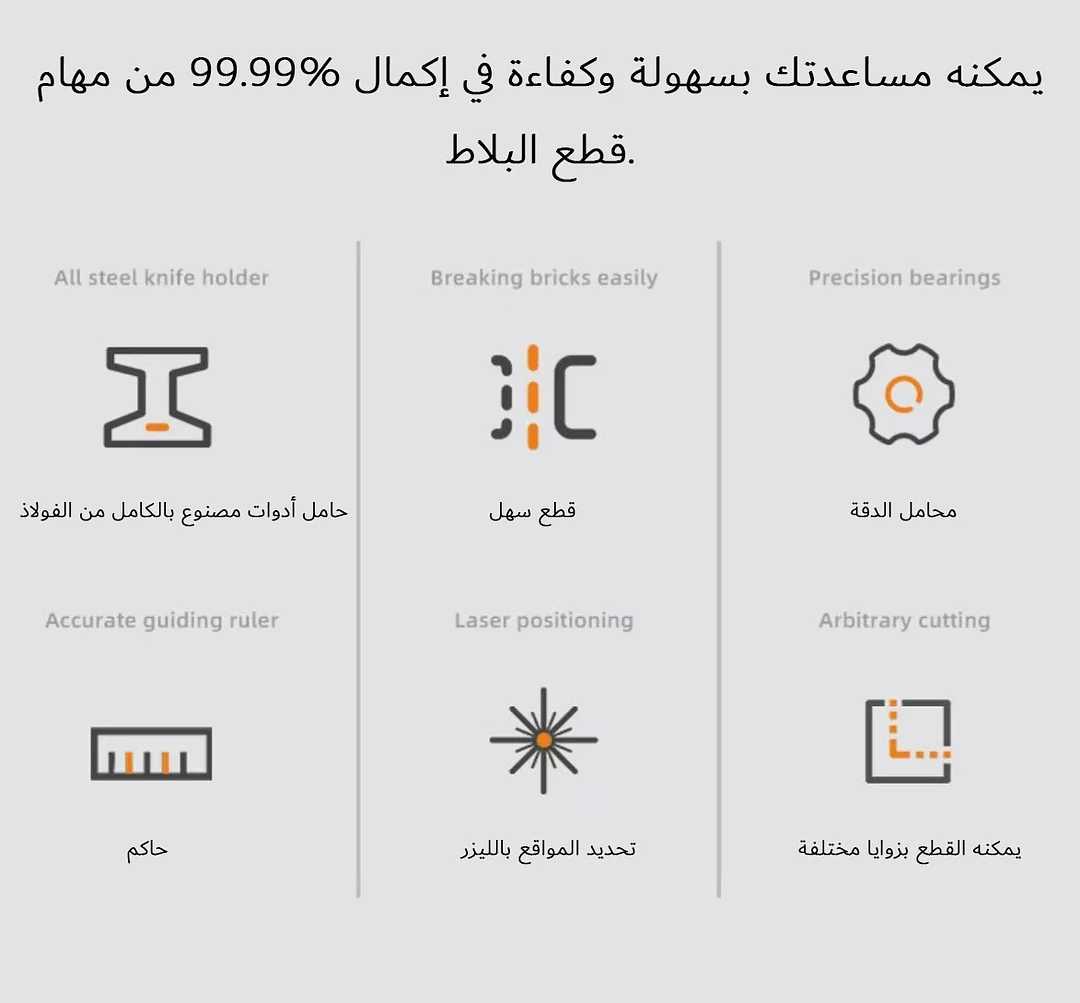 قاطع البلاط: شفرة سحب ودفع معايرة بالليزر عالية الدقة؛ الشفرة مصنوعة من سبيكة ويمكنها قطع بلاط مختلف يصل طوله إلى 1.2 متر.