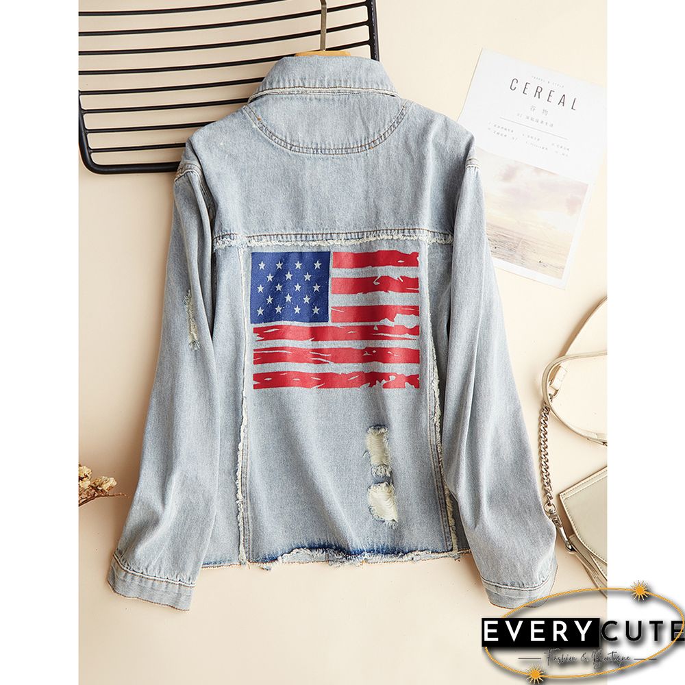 Light Blue Distressed Raw Hem Denim Jacket