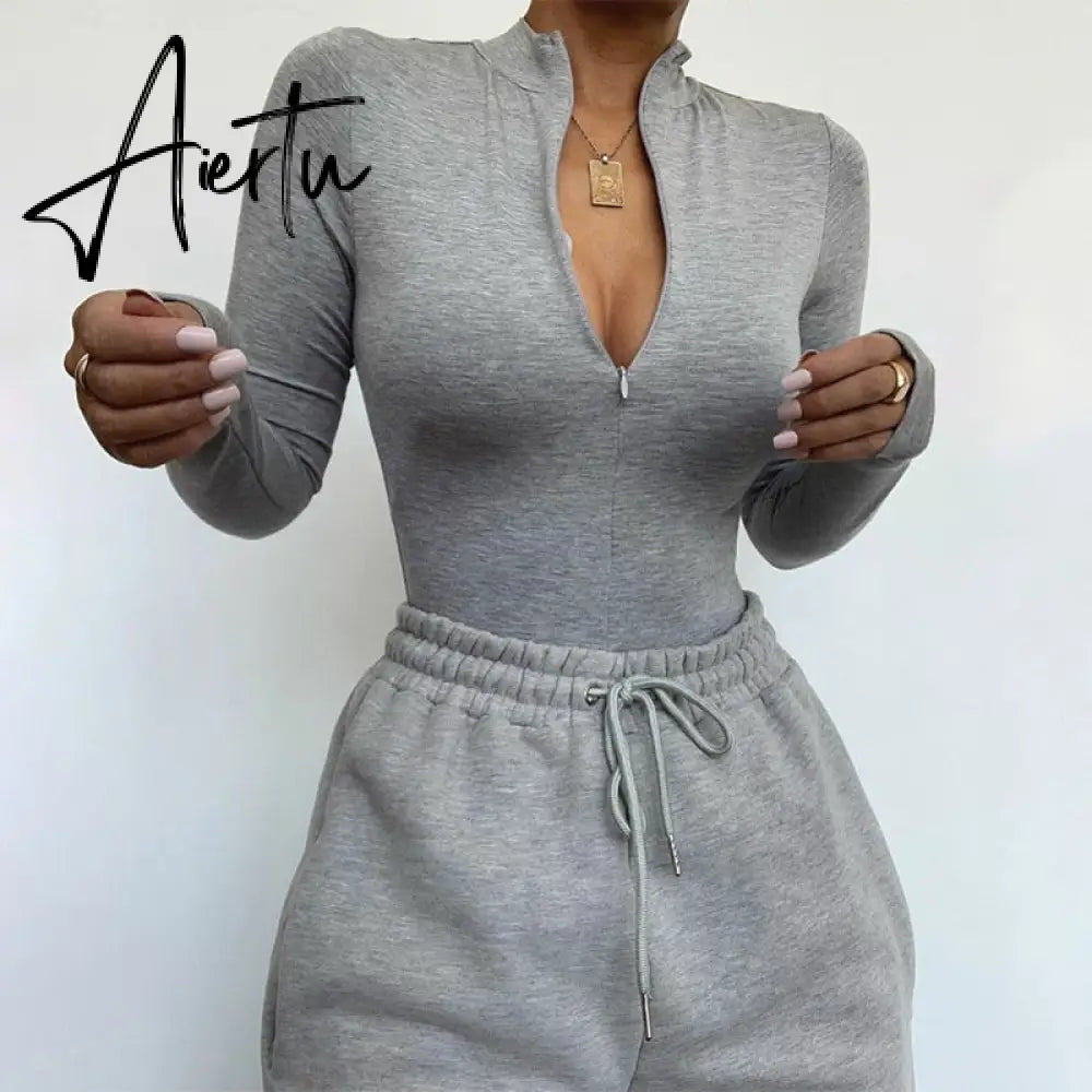 Aiertu long sleeve front zipper v neck women sexy body high stretchy basic bodysuit Aiertu