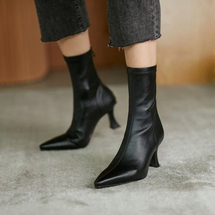 Yyvonne New High-Hees Temperament Thin Boots Fine And Simple Elastic Boots Korean Version Of The Low Barrel Zipper Pointed Short Boots Woman