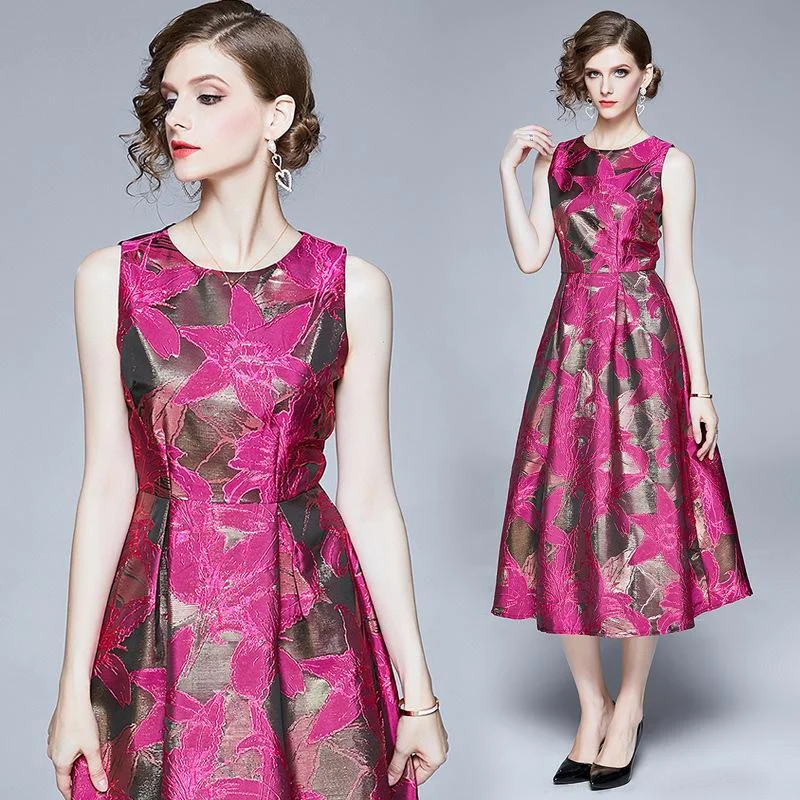 High waist big swing temperament jacquard round neck sleeveless dress