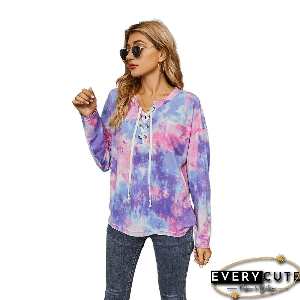 Purple Tie Dye Long Sleeve Top with Rope Drawstring