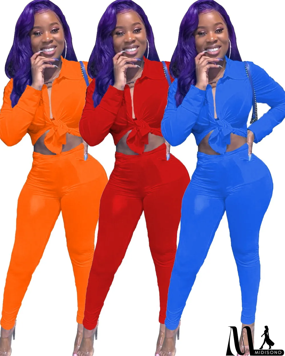 MidiSono - Solid Long Sleeve Tie Up Two Piece Pants Set