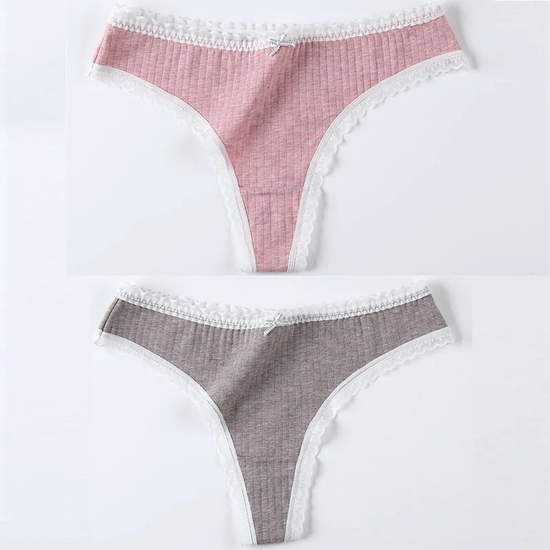 2 Pieces Women Panties Thongs Cotton Striped Underwear Comfortable Cute Low-Rise Ladies G-String Briefs Sexy Kawaii Lingerie
