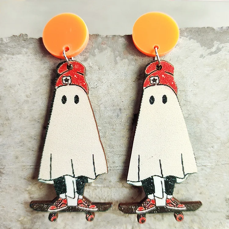 Halloween Funny Pumpkin Ghost Spider Flower Wood Earrings 2024 - Xpluswear