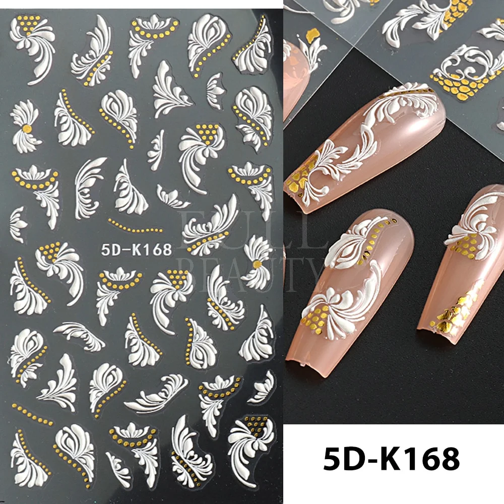 Churchf Nail Stickers Flowers Geometric Lines Decor Acrylic Embossed Sliders Gold Frame Nail Decals Cherry Blossom Manicure GLJI-5D05-Nail Inspo