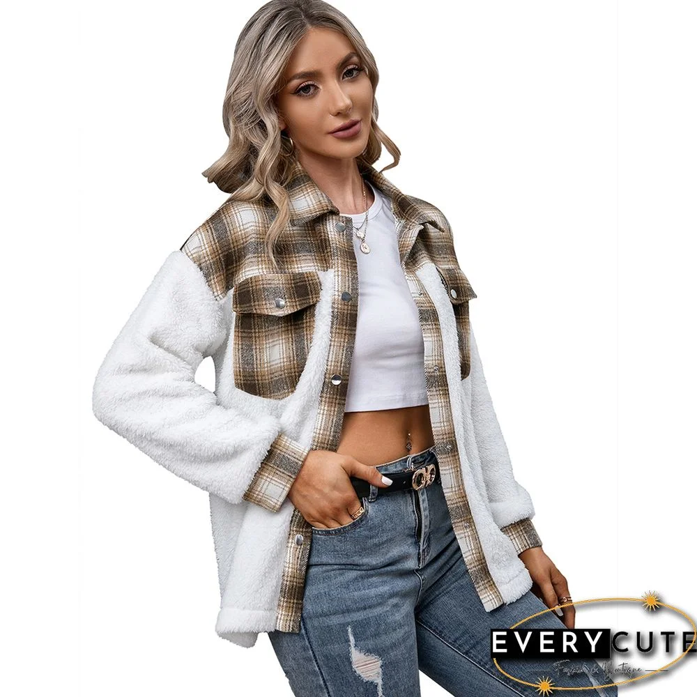 Khaki Splice Plaid Print Plush Casual Shirt Jacket