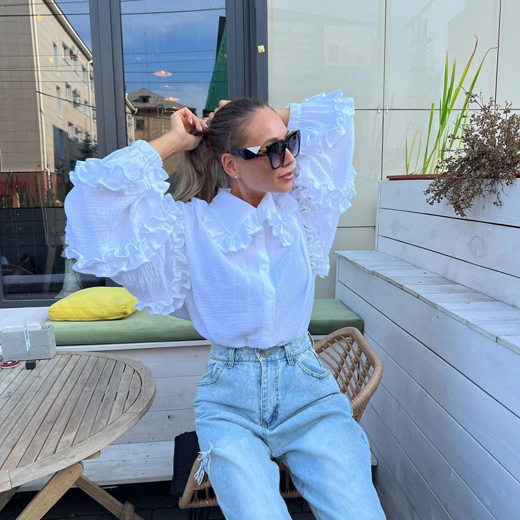 Ootddress White Ruffled Casual Shirts For Women Fashion Patchwork Cardigan Lapel Long Sleeve Outwear Slim Ladies Shirts 2025 New
