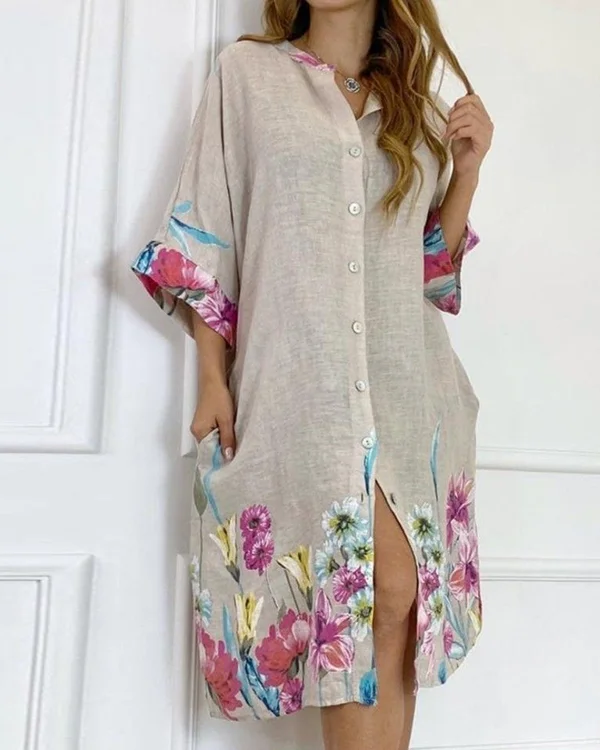 Women's V Neck Button 3/4 Sleeve Cardigan Casual Dress