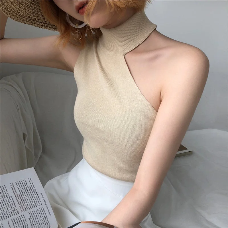 Knitted Sweater Off Shoulder Pullovers Sweater for Women Sleeveless Turtleneck Female Jumper Black White Beige Sexy Clothing