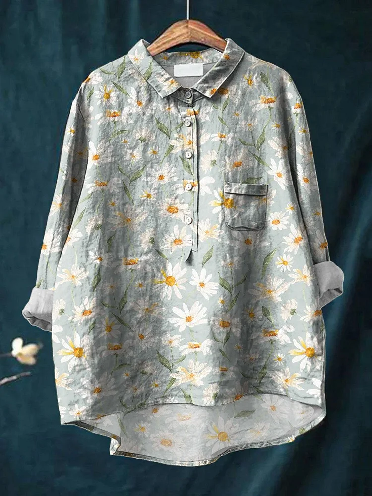 Hand painted watercolor daisies leaves Women's  Print Casual Cotton And Linen Shirt
