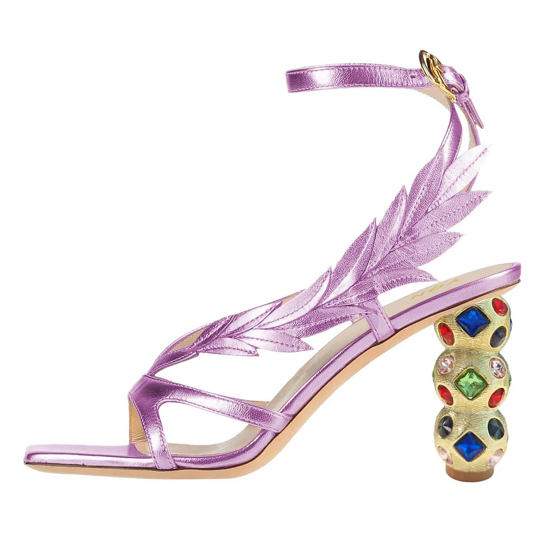 Purple Square Toe Leaf Shape Rhinestone Ankle Strap High Heels Sandals