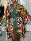 Buttoned Floral Printed Half Sleeves Loose V-Neck Mini Dresses