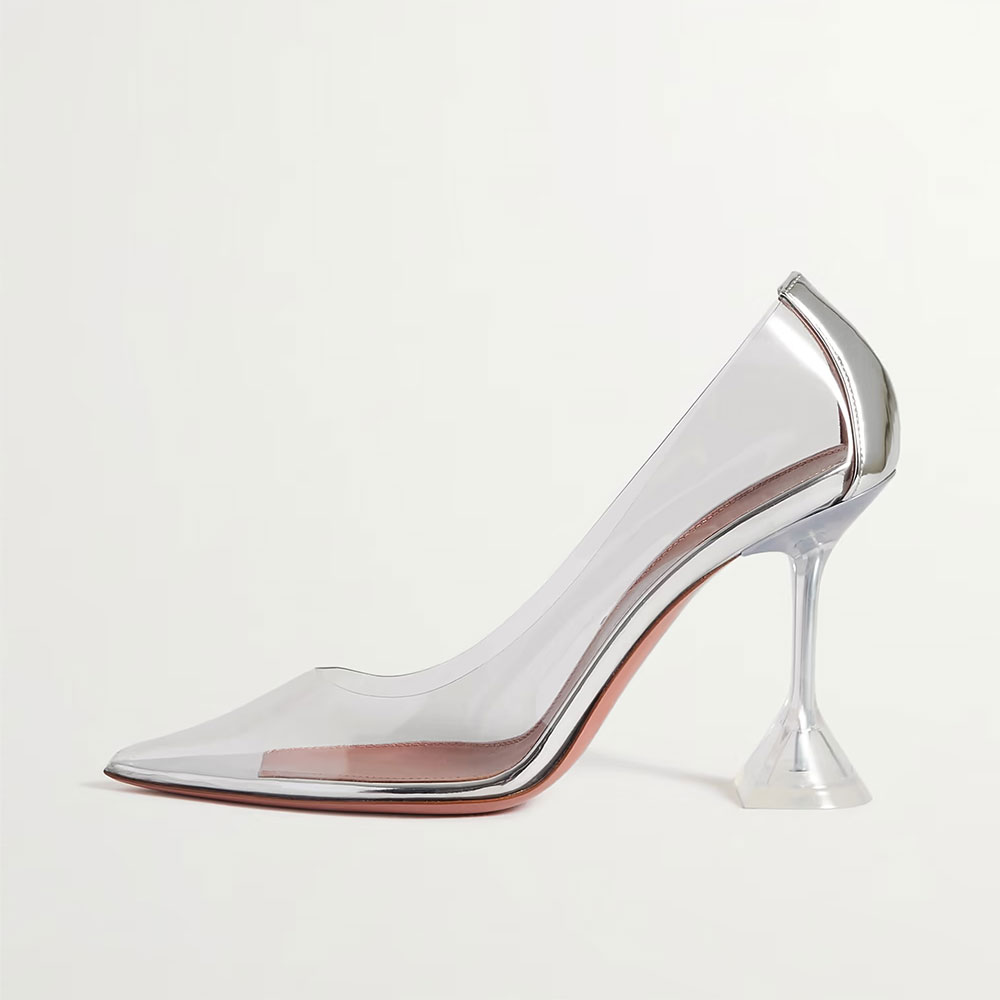Silver & Clear Metallic Pointed Toe 4'' Flared Heel Pumps Nicepairs