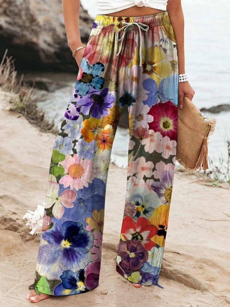 Women's Vintage Floral Print Wide Leg Pants