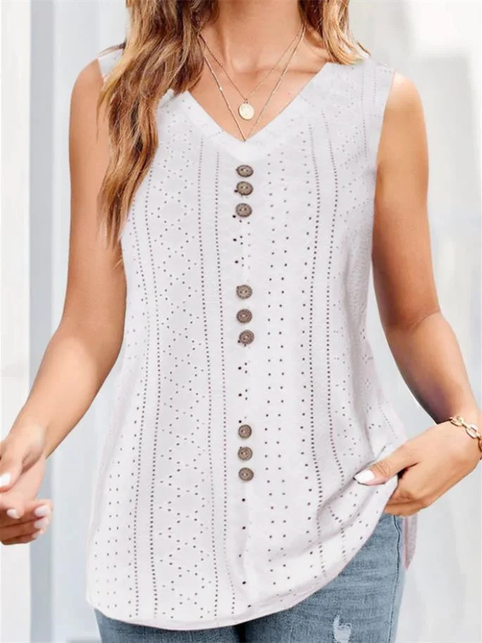 Women's Sleeveless V-Neck Button Solid Color Hollow Casual Top