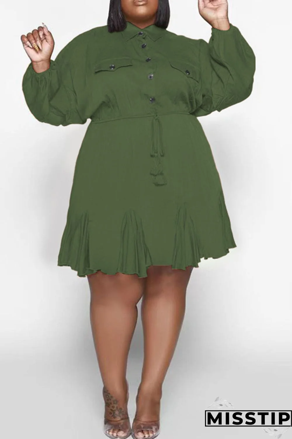 Orange Casual Solid Patchwork Buckle Fold Turndown Collar Straight Plus Size Dresses