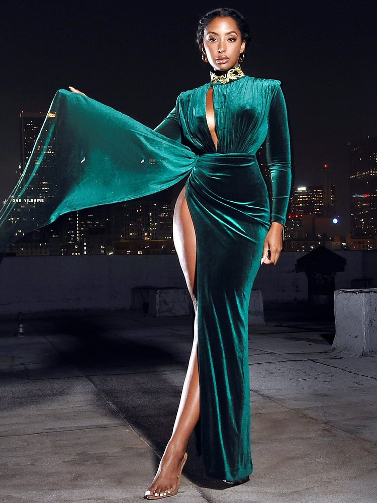 Elegant Velvet Cutout High Slit Formal Prom Dresses Gowns